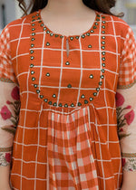 Pure mul cotton chequered kurta pant in orange