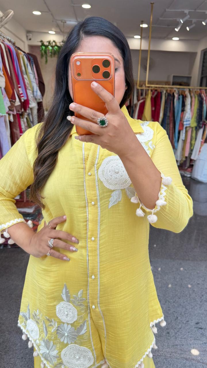 Pretty applique work Mul cotton with lining co ord set (slim fit) yellow