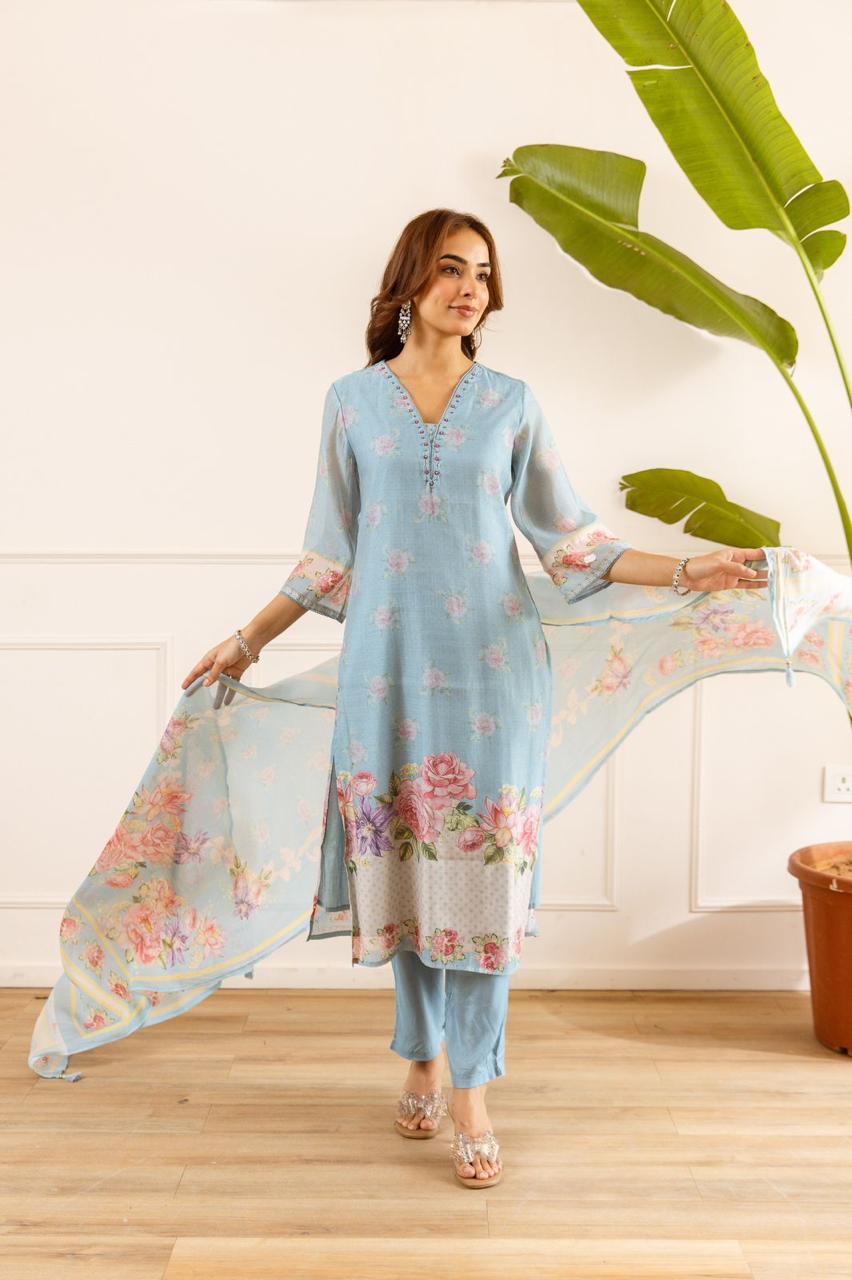 Digital printed front and back Mul chanderi with lining suit set(slim fit )