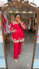Pure chinon heavy intricate embroidery in both front n back in red