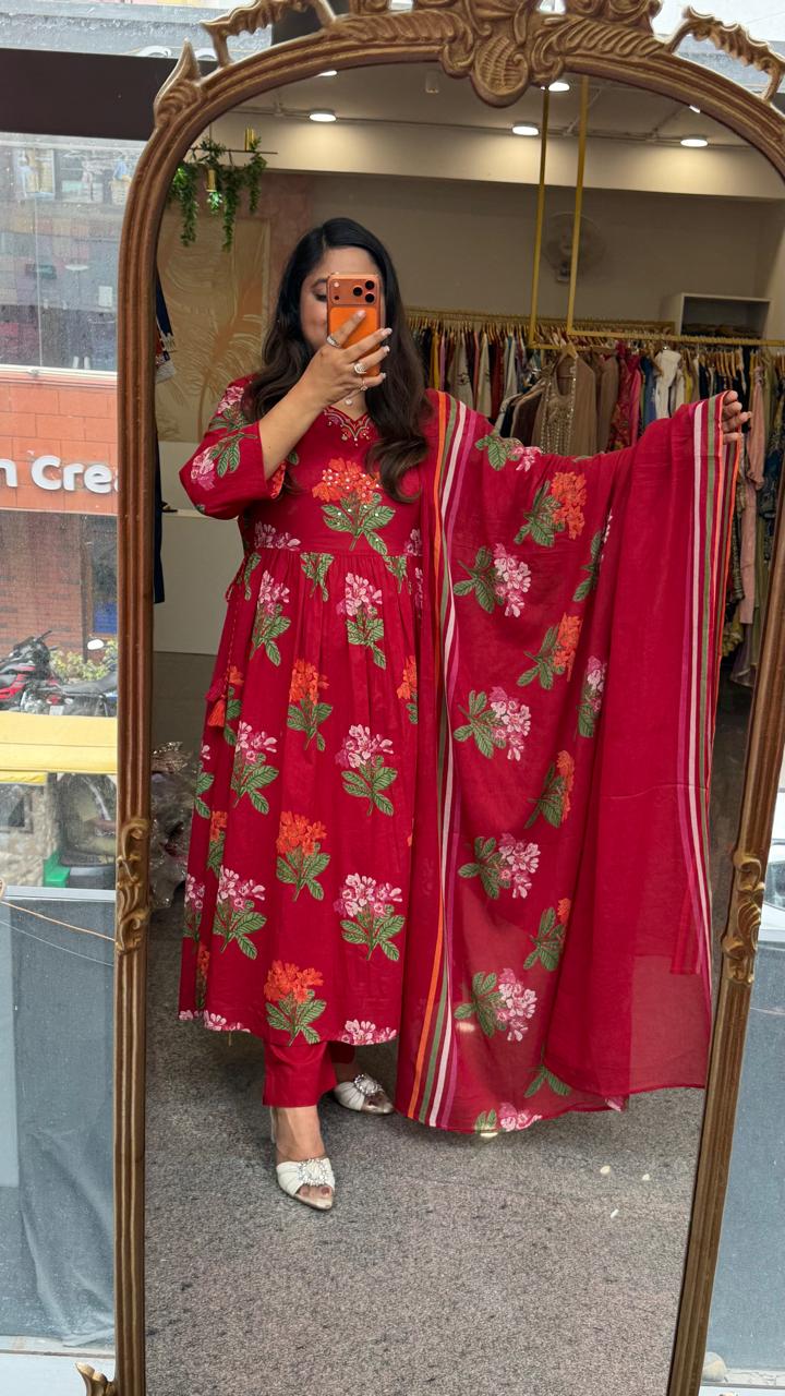 Pure cotton Anarkali full suit set in red