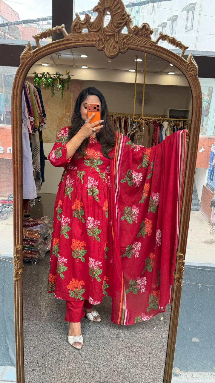 Pure cotton Anarkali full suit set in red