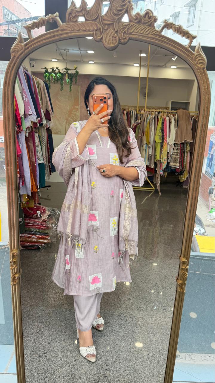 Applique work Mul chanderi lining suit set