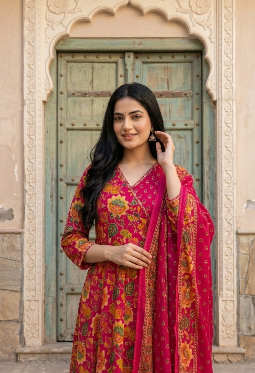 Pretty cotton angrakha floral full suit set