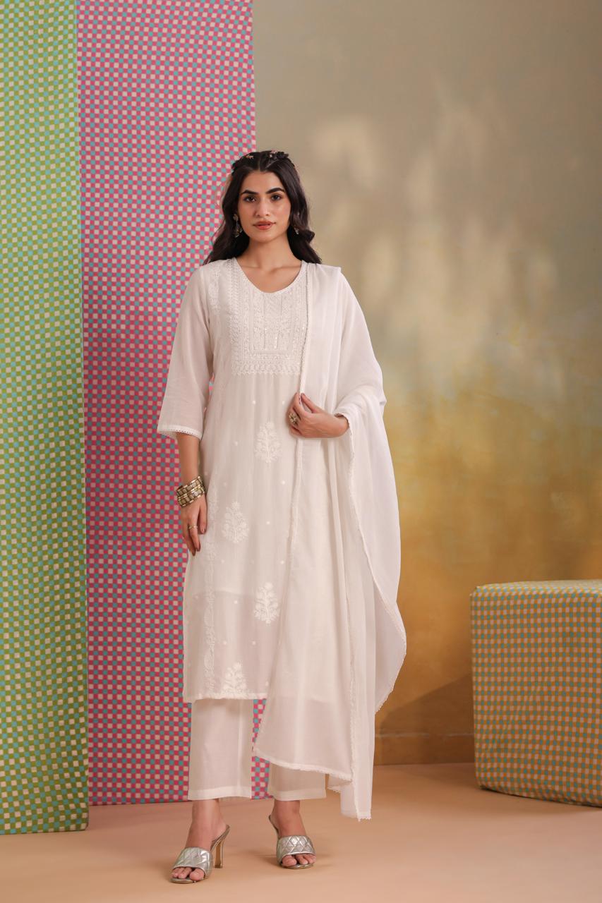 Pure cotton chikankari mul lining suit set