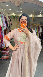 Super pretty onion pink and orange intricate handwork pure Mul chanderi suit set