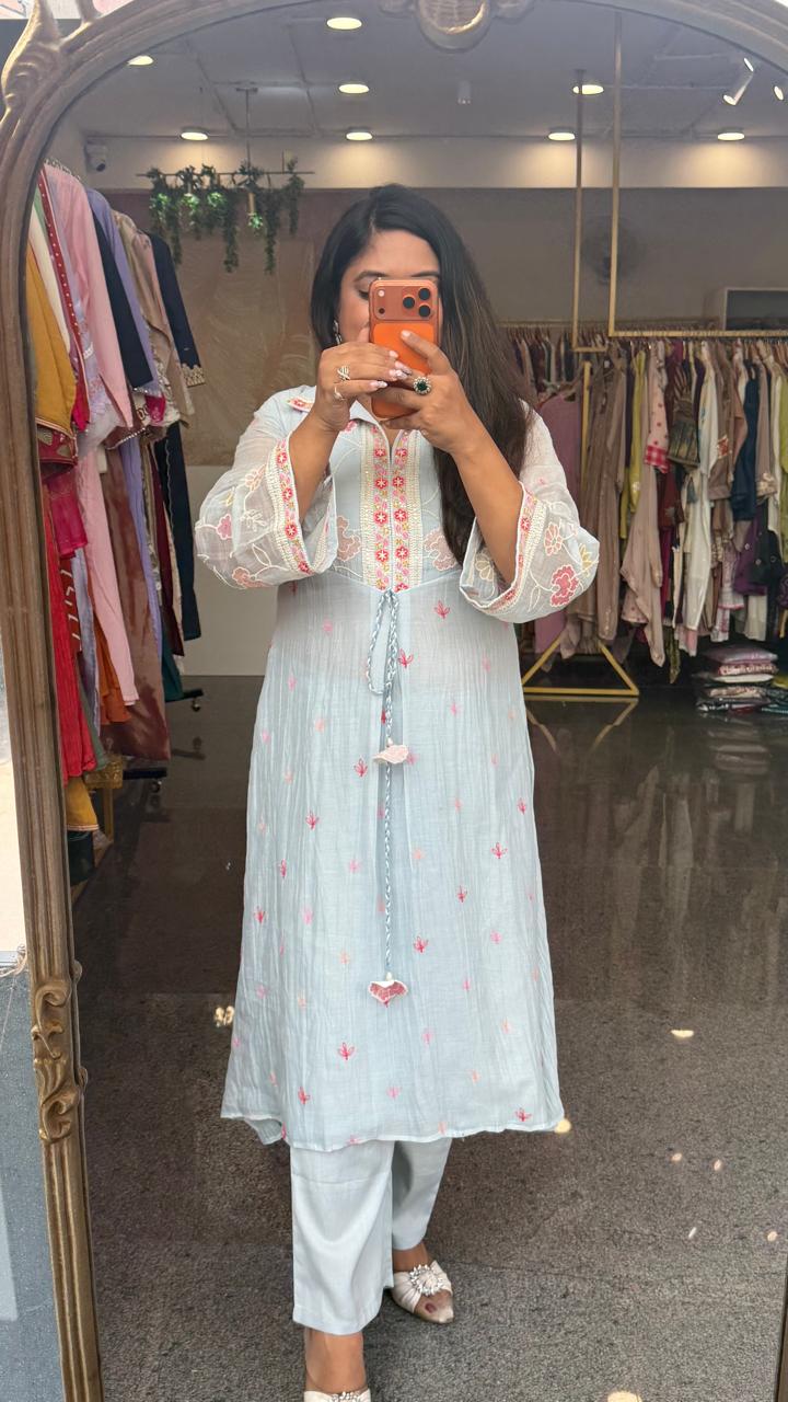 Premium Mul chanderi with heavy hand embroidery kurta pant