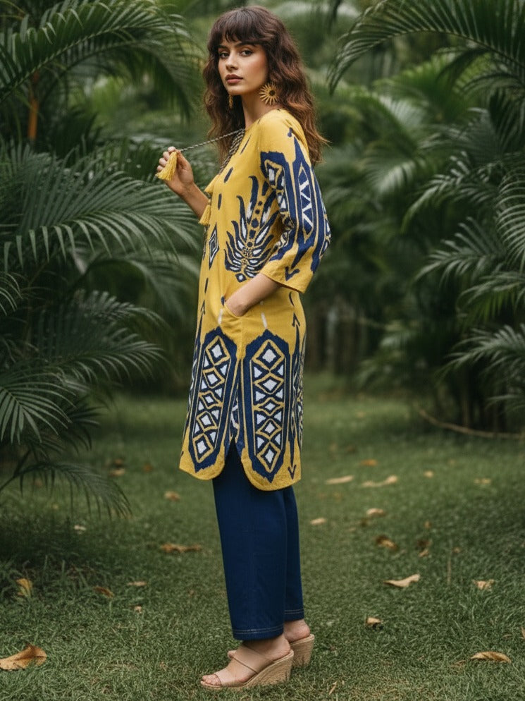 Smart cotton Co ord in yellow n blue
