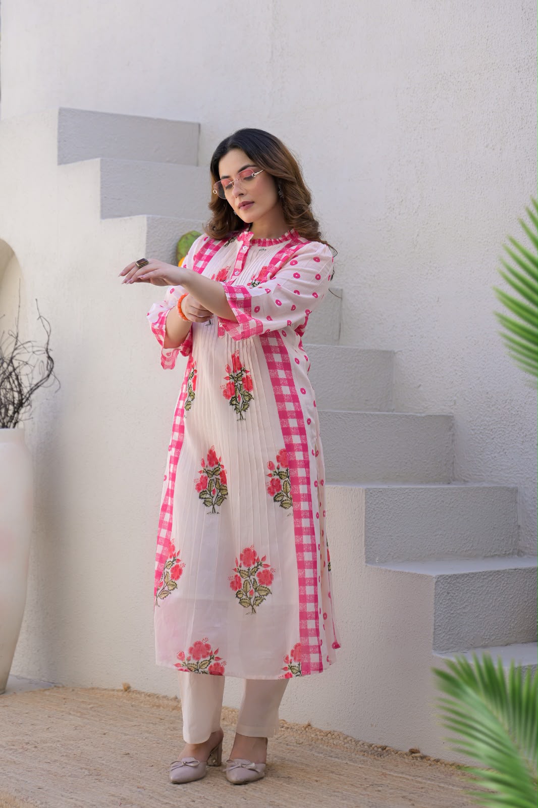Pretty Mul cotton lining pink kurta pant