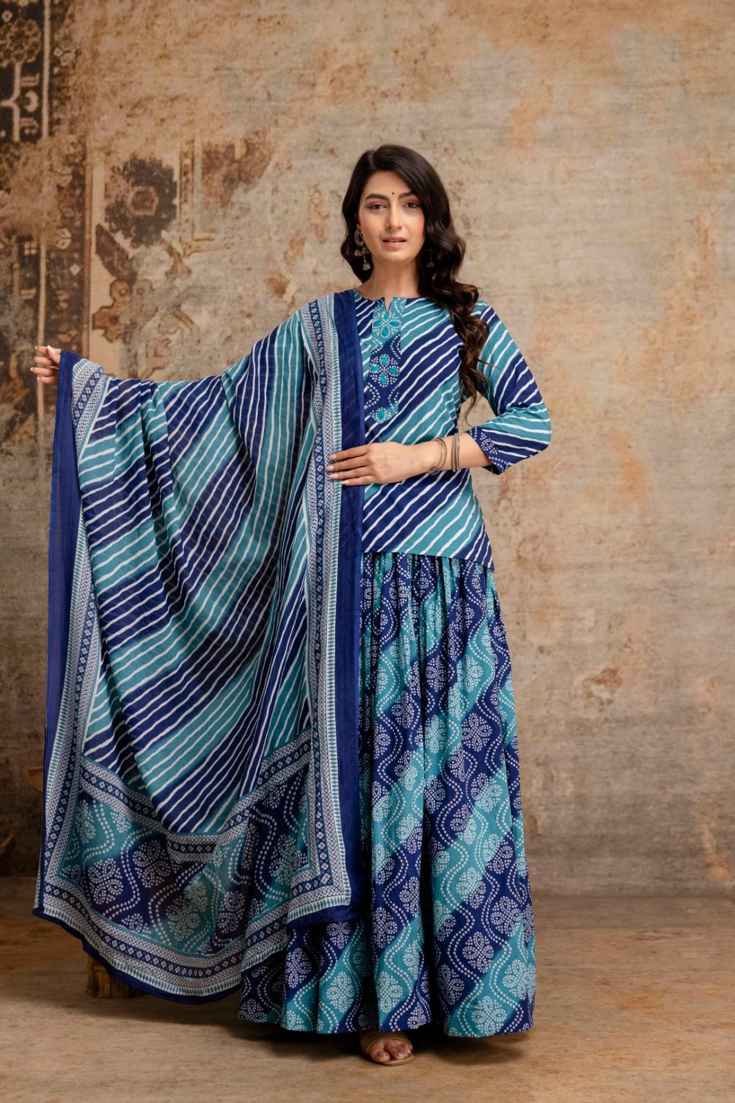 Pure cotton lehariya and bandhani skirt and dupatta