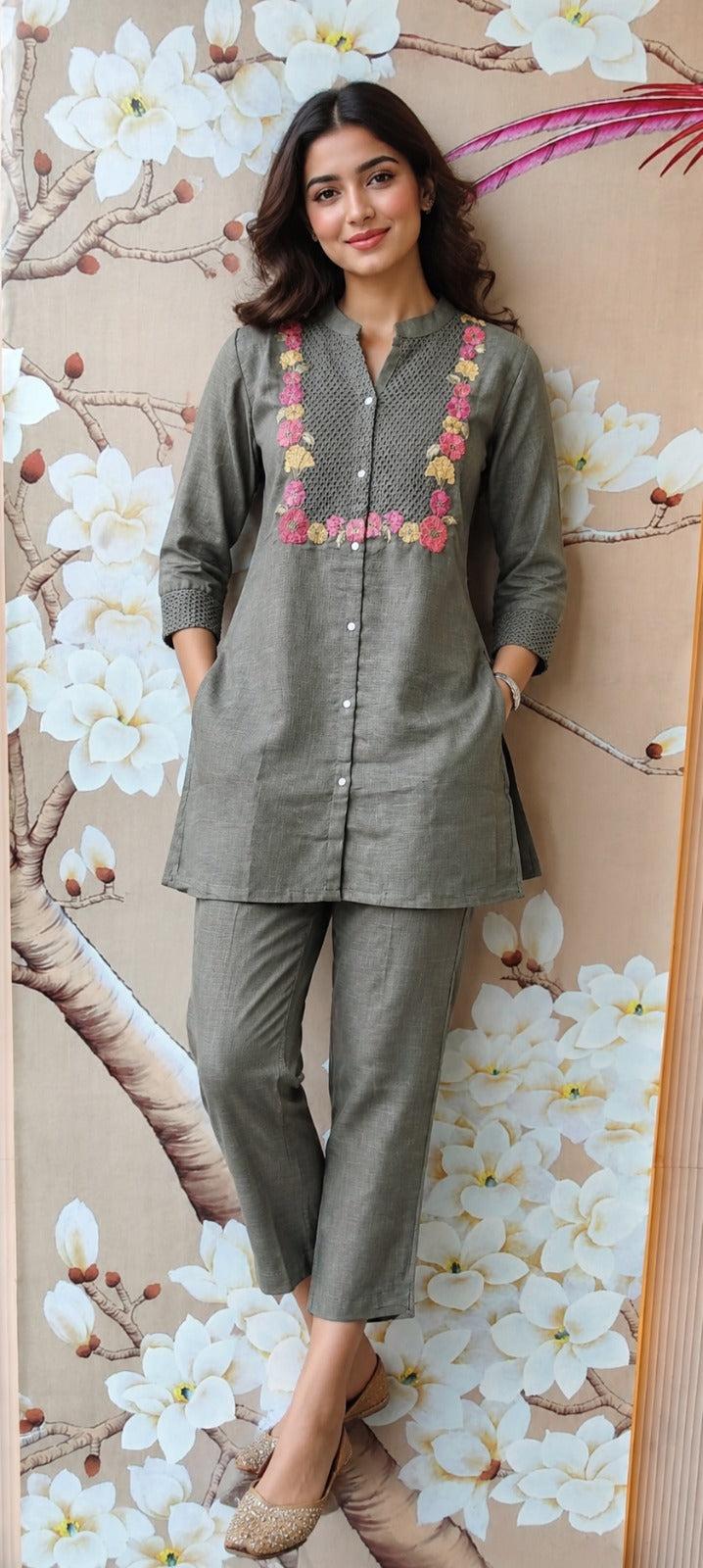 Linen cotton with lining and applique work Co ord set in green