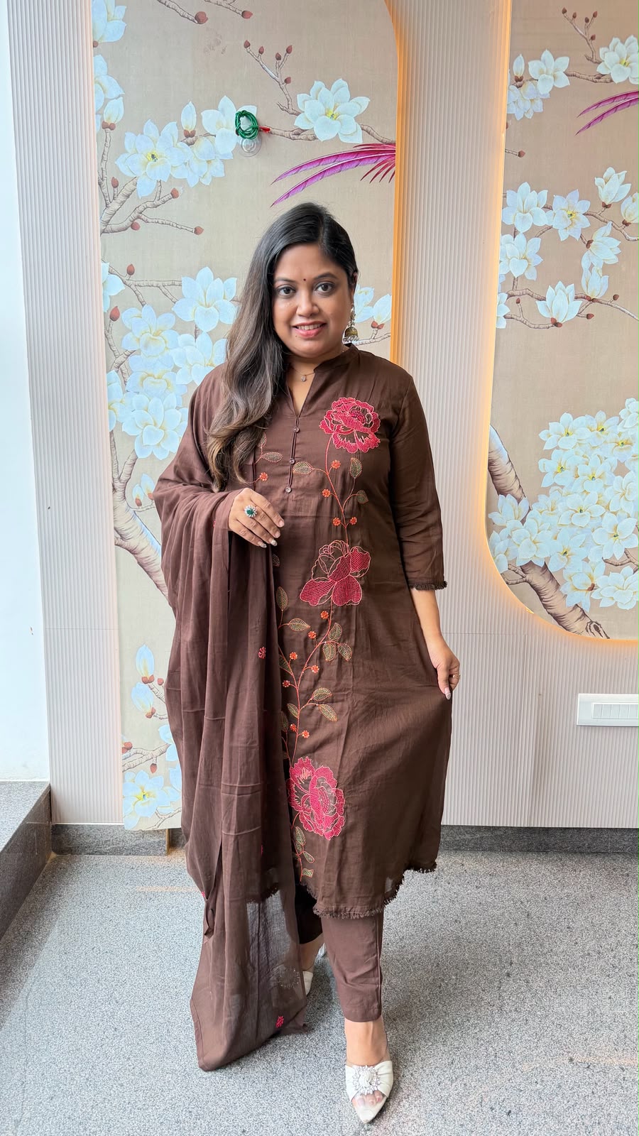 Pure Mul cotton embroidered lining suit set in brown