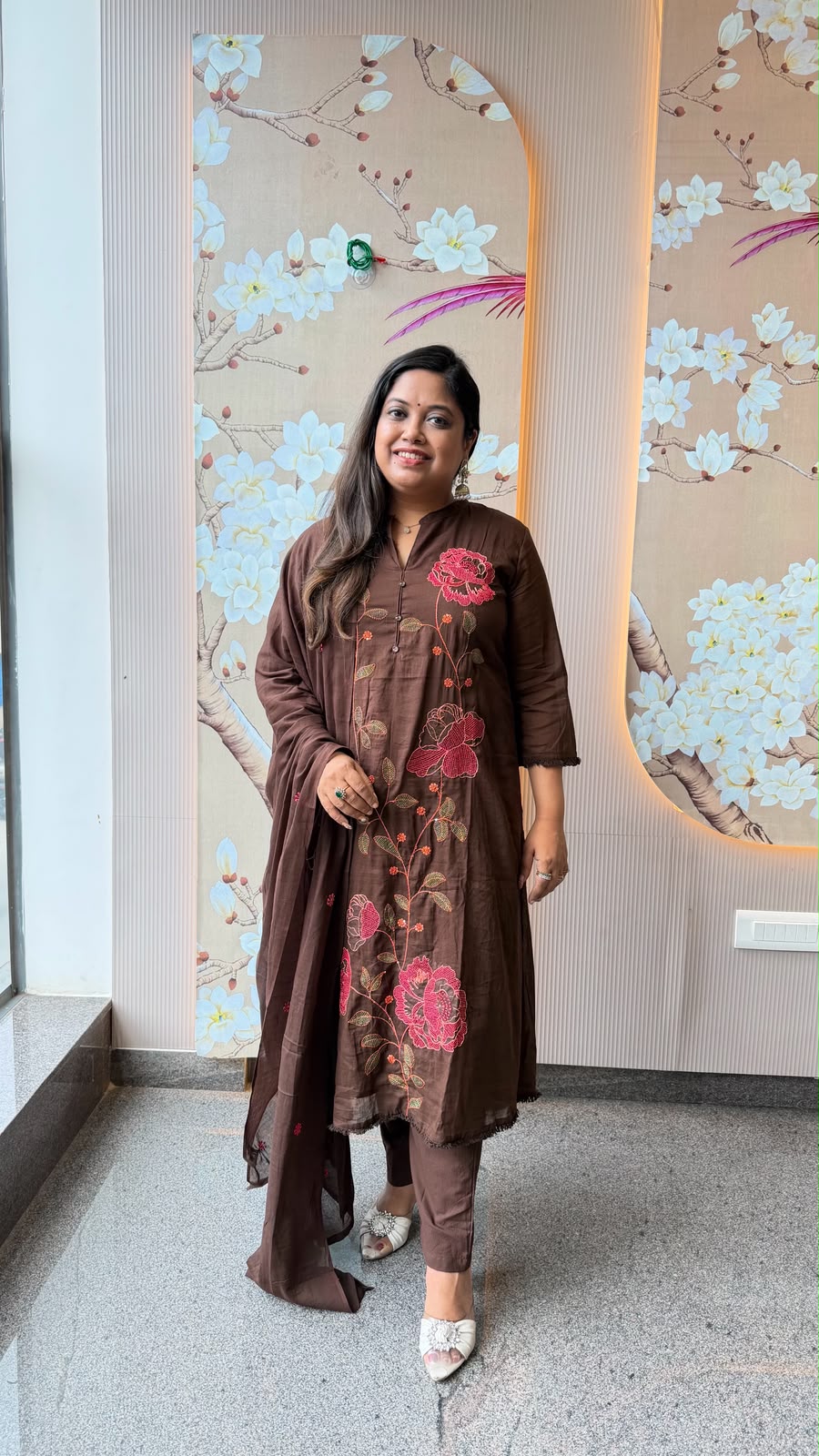 Pure Mul cotton embroidered lining suit set in brown