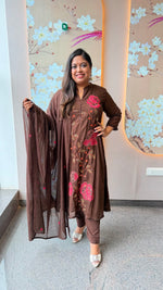 Pure Mul cotton embroidered lining suit set in brown