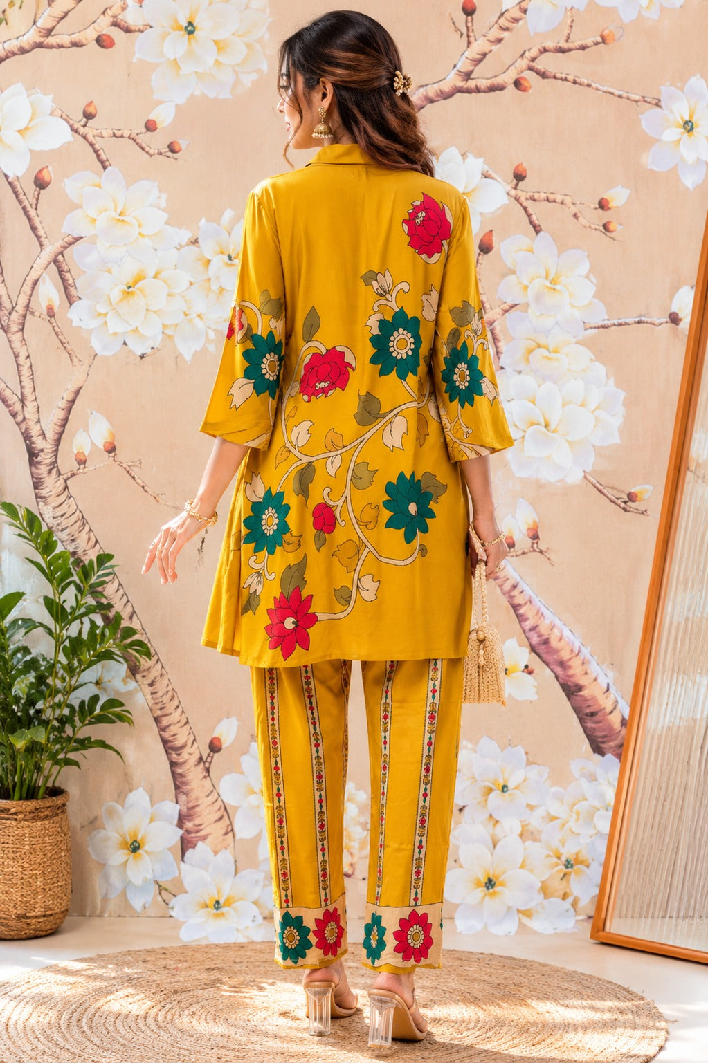 Pretty kalamkari front n back designer mul silk co ord in yellow (slim fit).