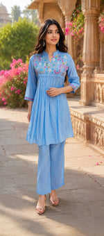 Restocked !! Pretty Modale with Mul lining front and back embroidered co ord in blue !! Dispatch Next Week