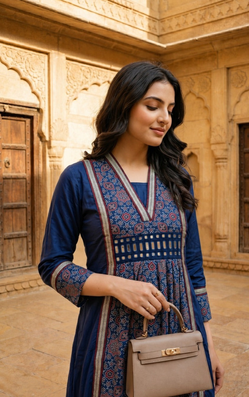 Royal blue pretty soft modal silk ajrakh real mirror dress with pockets (loose fit)