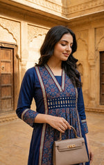Royal blue pretty soft modal silk ajrakh real mirror dress with pockets (loose fit)