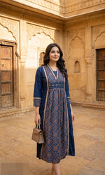 Royal blue pretty soft modal silk ajrakh real mirror dress with pockets (loose fit)