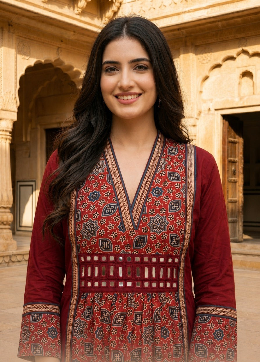 Red pretty soft modal silk ajrakh real mirror dress with pockets (loose fit)