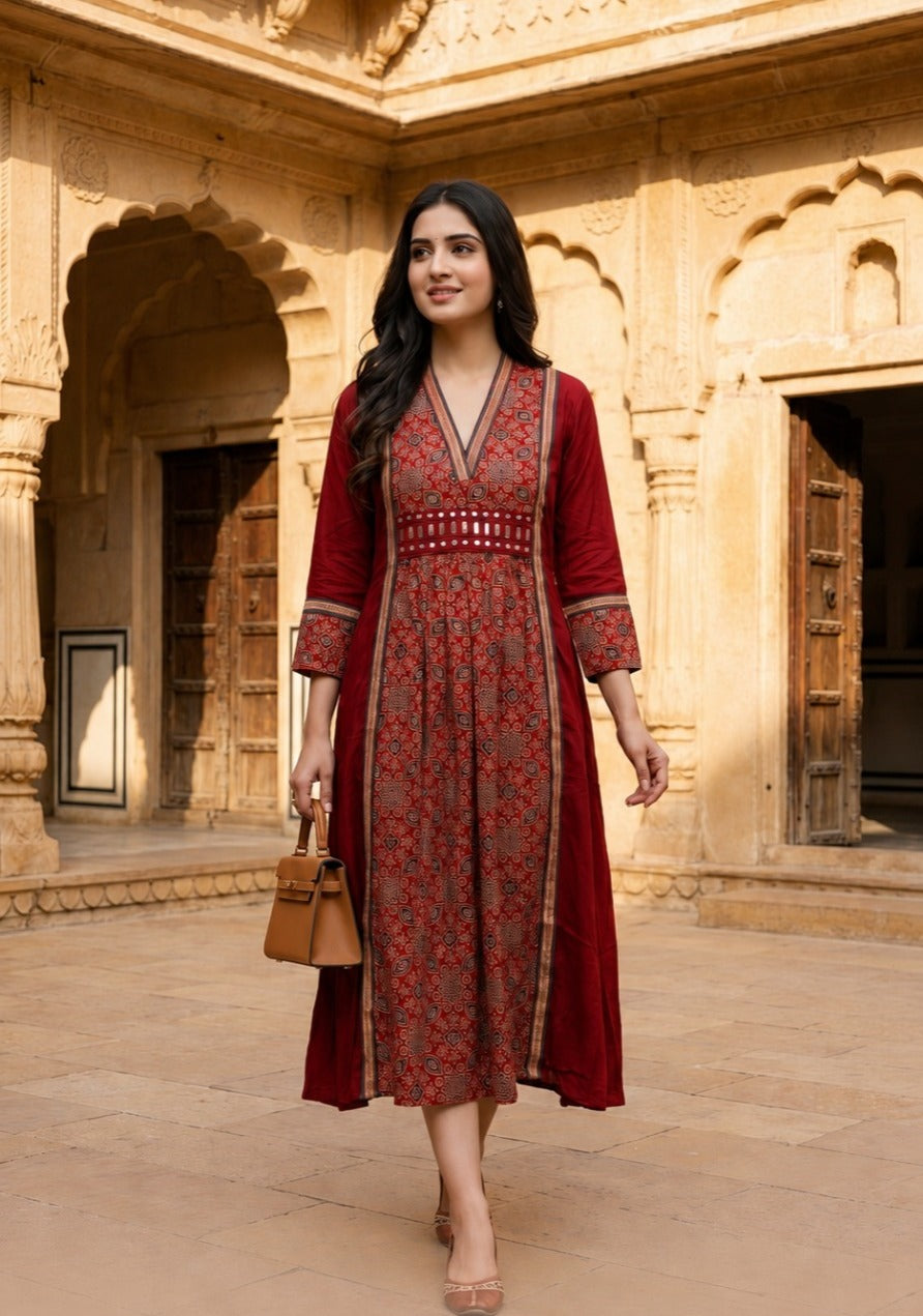 Red pretty soft modal silk ajrakh real mirror dress with pockets (loose fit)