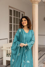 Applique work blue colour cotton full suit set with lace detailing