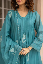 Applique work blue colour cotton full suit set with lace detailing