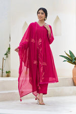 Applique work pink colour cotton full suit set with lace detailing