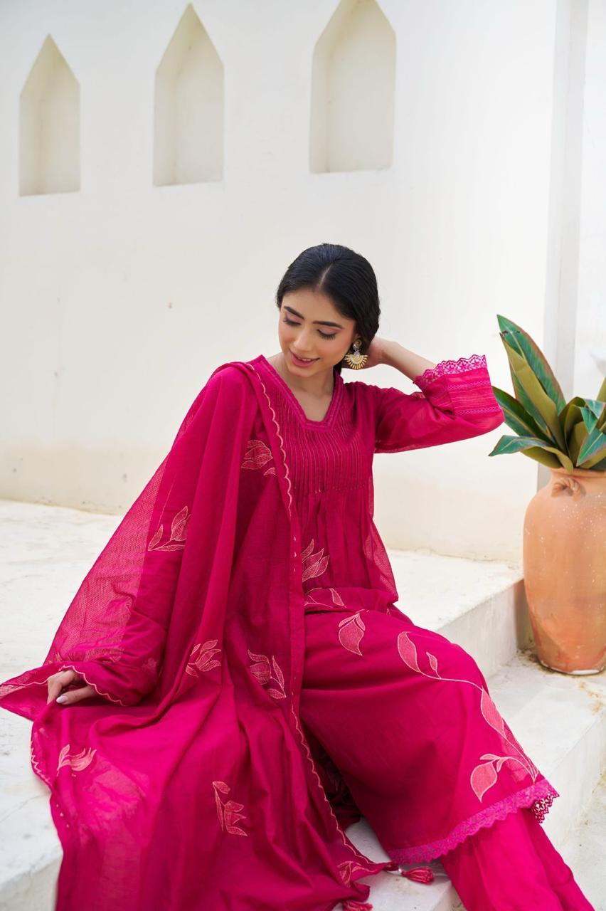 Applique work pink colour cotton full suit set with lace detailing