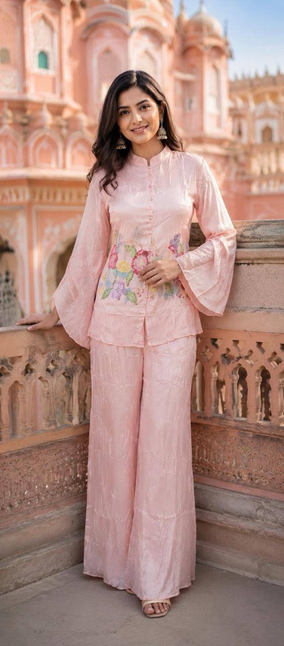 Pretty silk with lining and embroidery co ord in pink