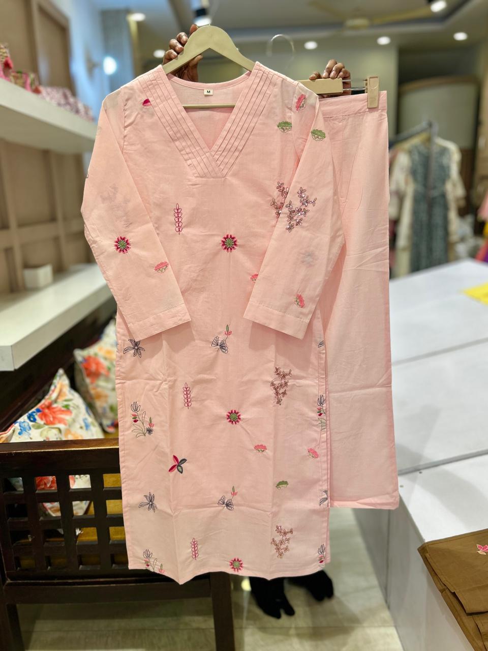 Cute baby pink embroidered cotton kurta pant