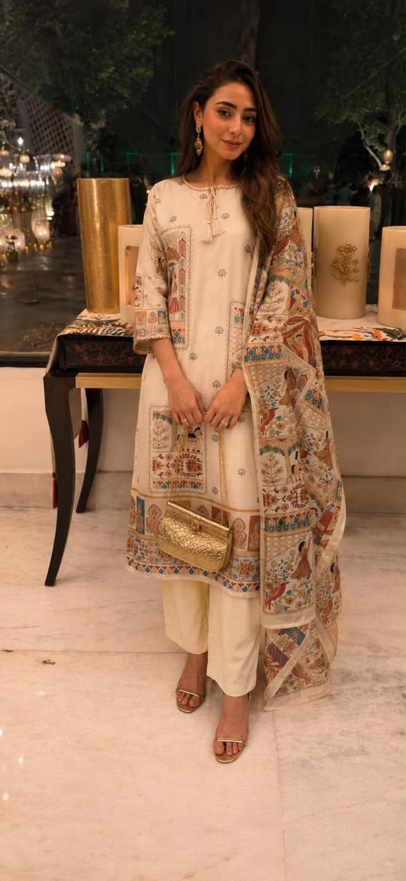 Linen cotton placement print suit set