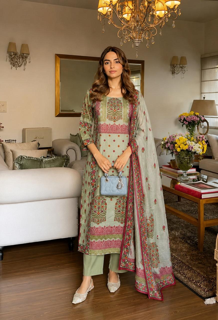 Linen cotton placement print suit set in green