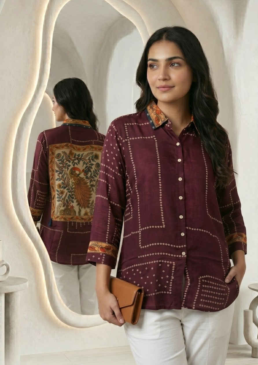 Designer digital printed front n back bandhani wine shirt
