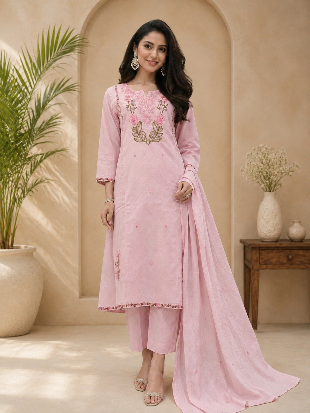 Pink embroidered cotton lining suit set