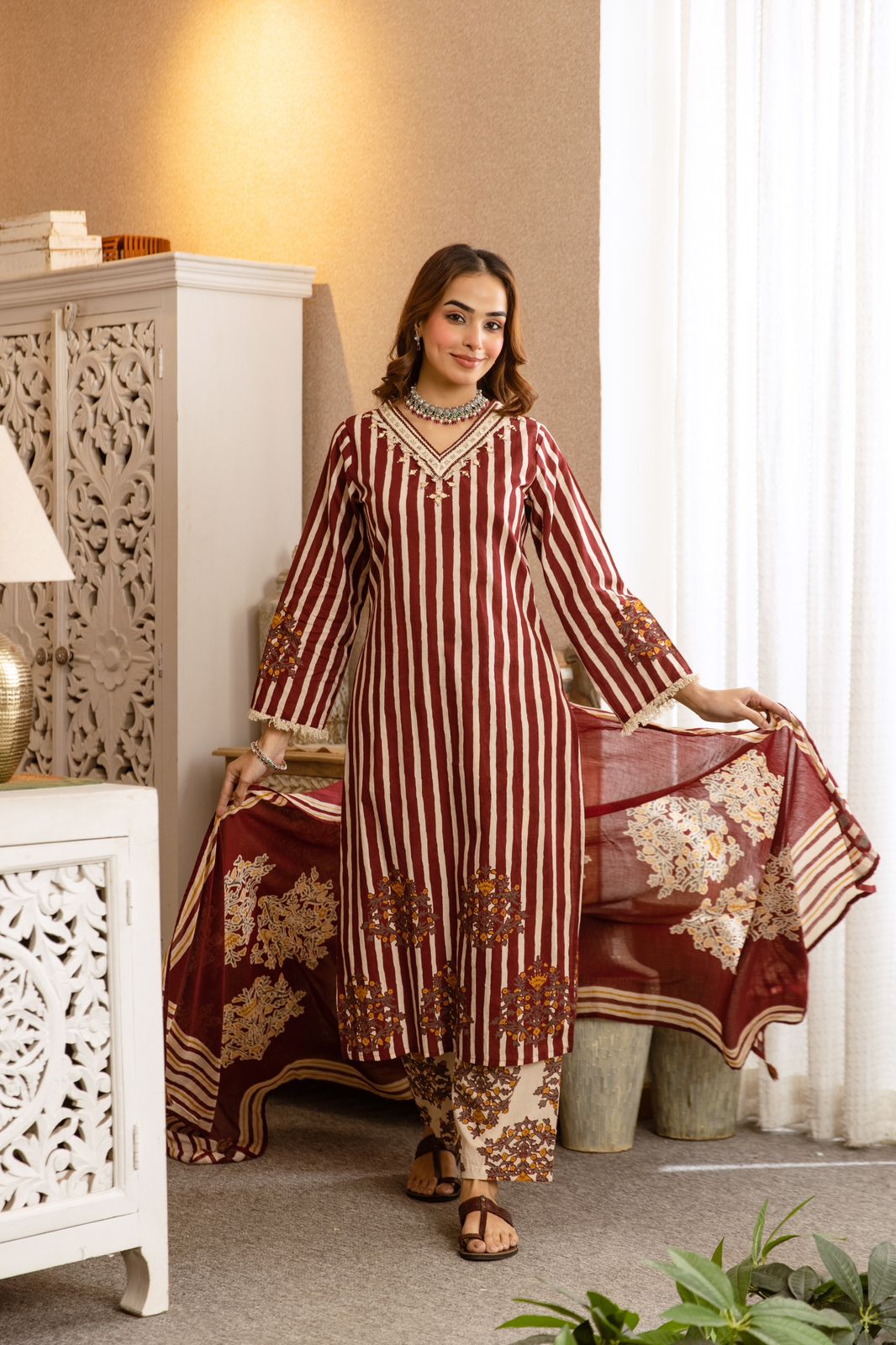 Pretty cotton red striped with floral suit set