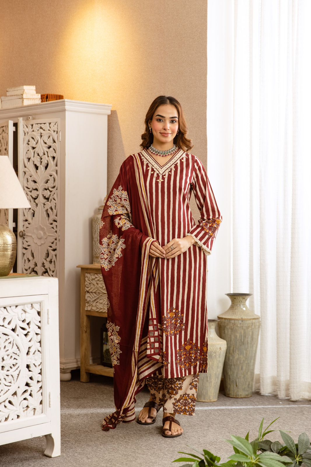 Pretty cotton red striped with floral suit set