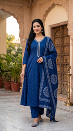 Royal blue pure Mul cotton Anarkali suit set in pinkish red