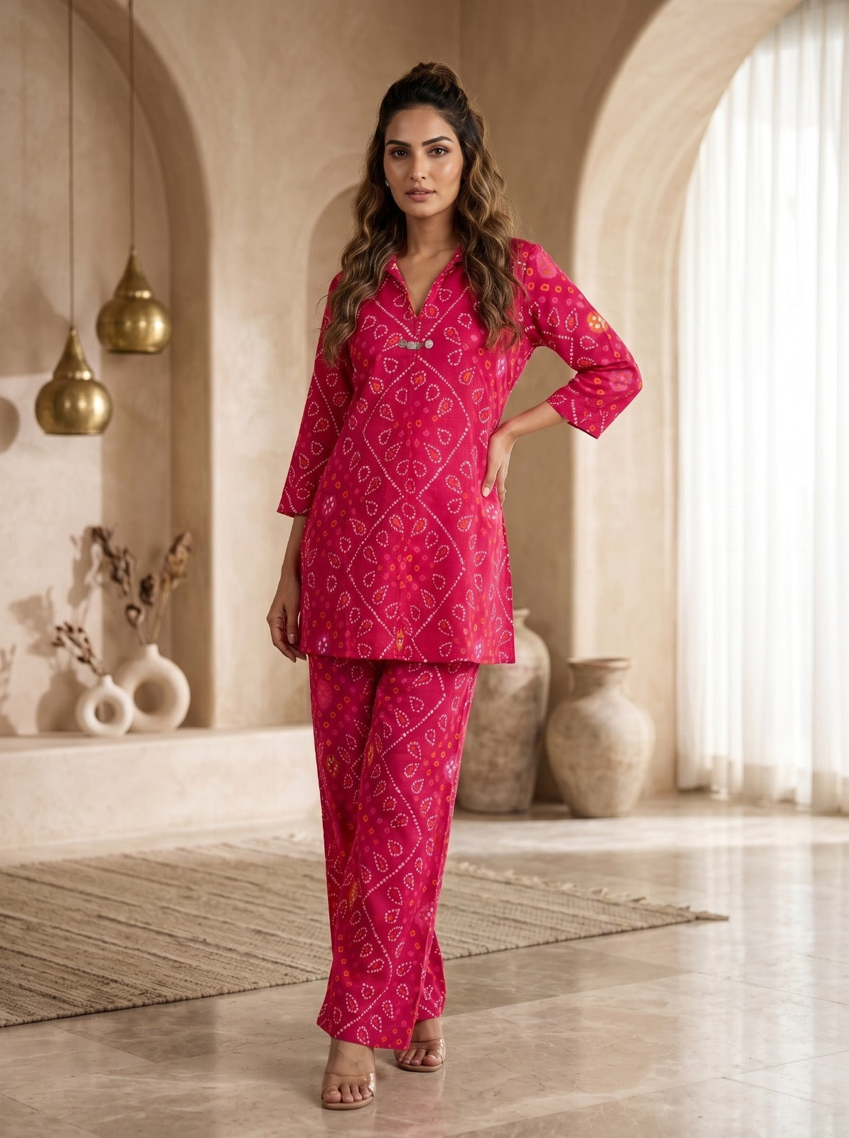 Pink bandhani smart cotton co ord