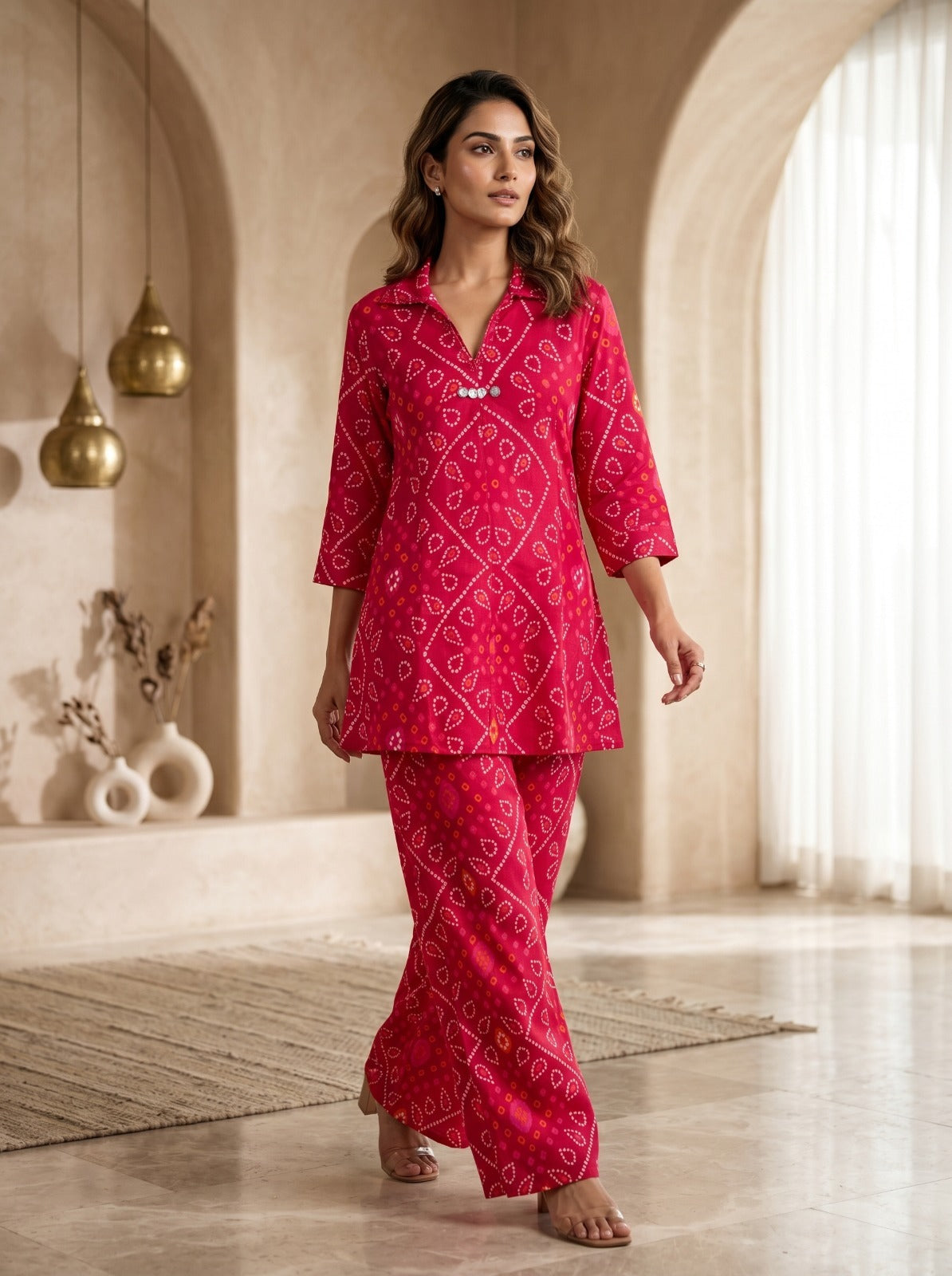 Red bandhani smart cotton co ord