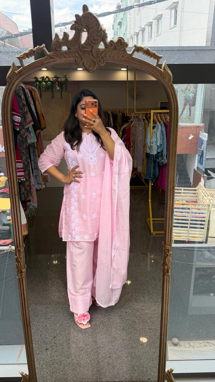 Pure Mul cotton chikankari with lining farshi salwar in baby pink