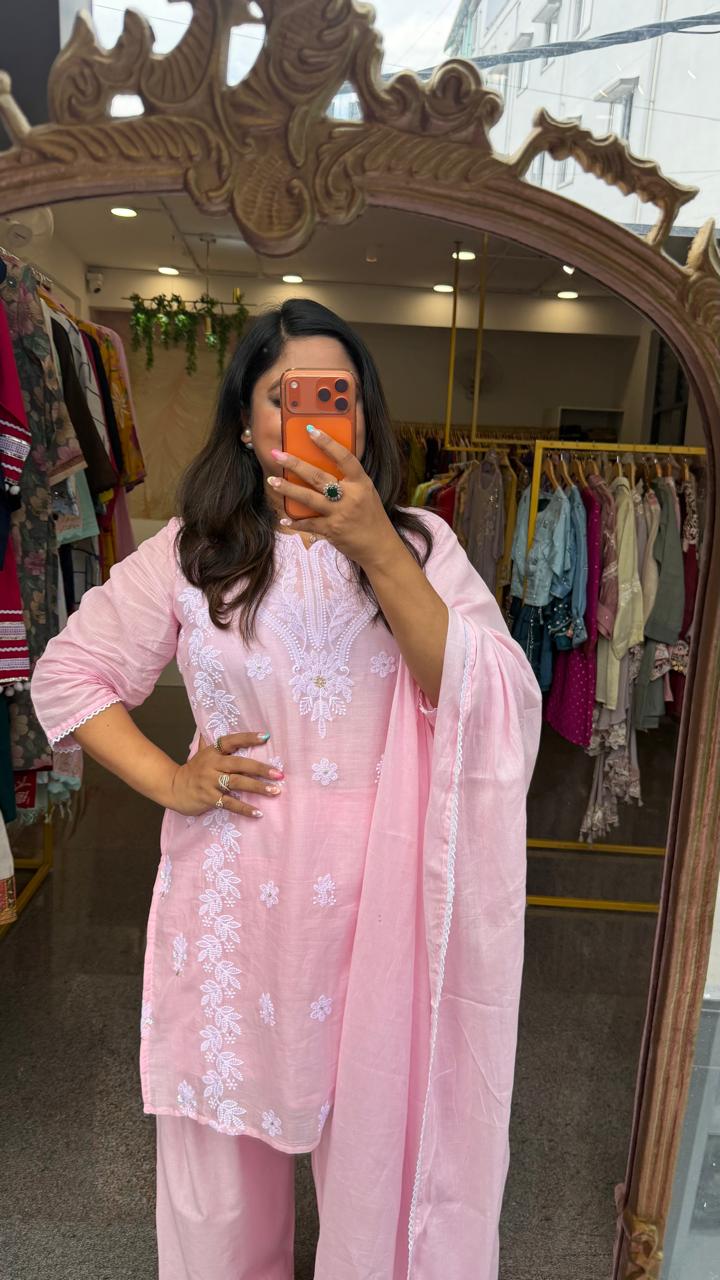Pure Mul cotton chikankari with lining farshi salwar in baby pink