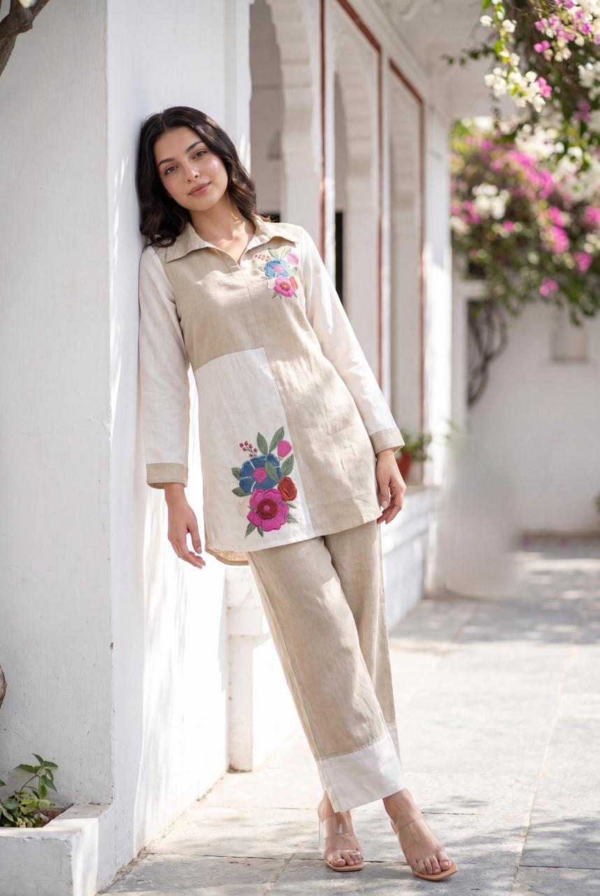 Pretty linen with embroidery co ord