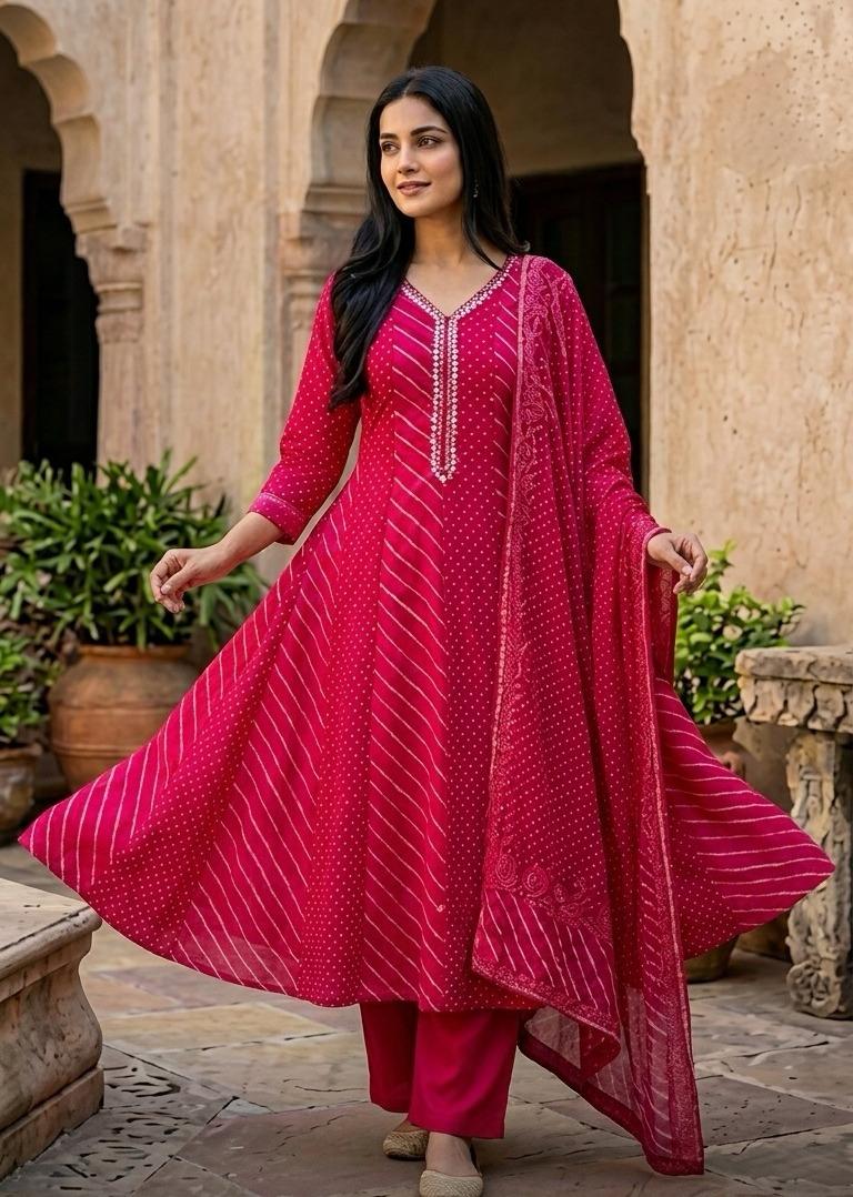 Lehariya and bandhani cotton Anarkali suit set in pink