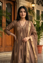 Mul chanderi with zari detailing suit set in brown