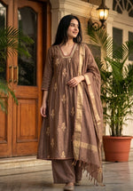 Mul chanderi with zari detailing suit set in brown