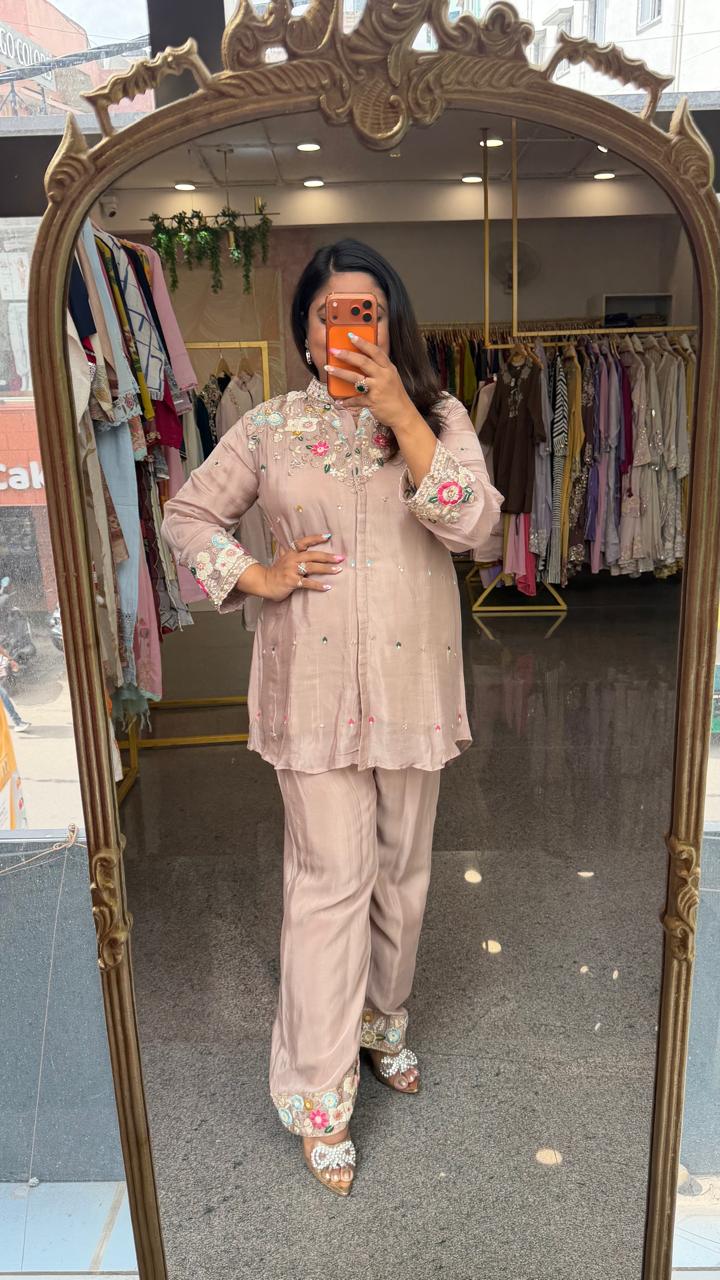 Beautiful intricate handwork pure chinon dusty pink Co ord