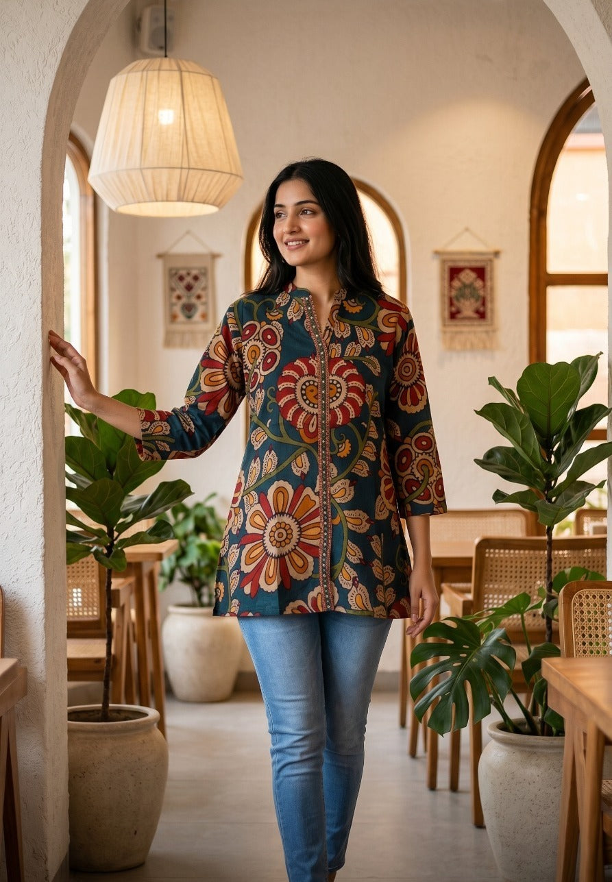 Super pretty Mul silk Kalamkari top in blue