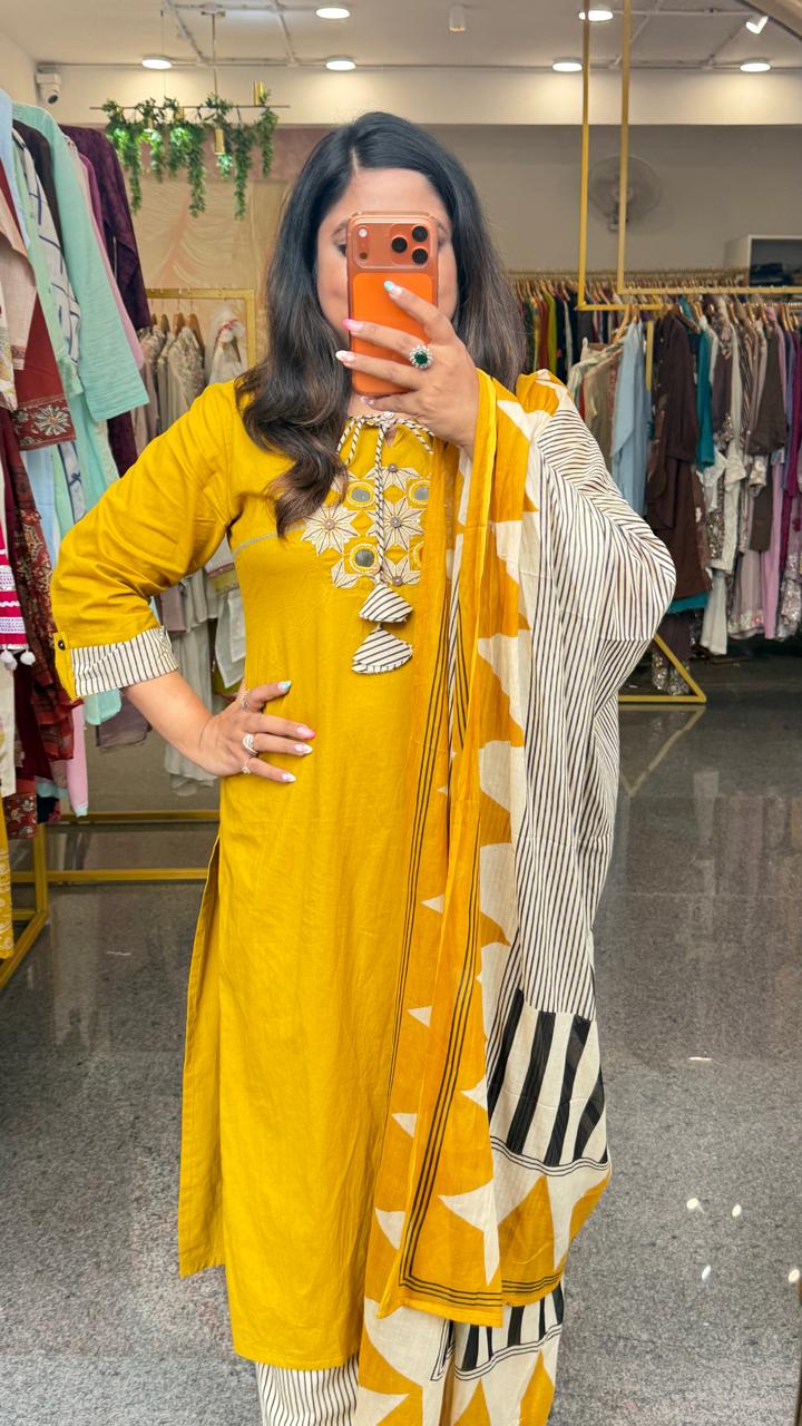 Pure cotton applique real mirror suit set in yellow