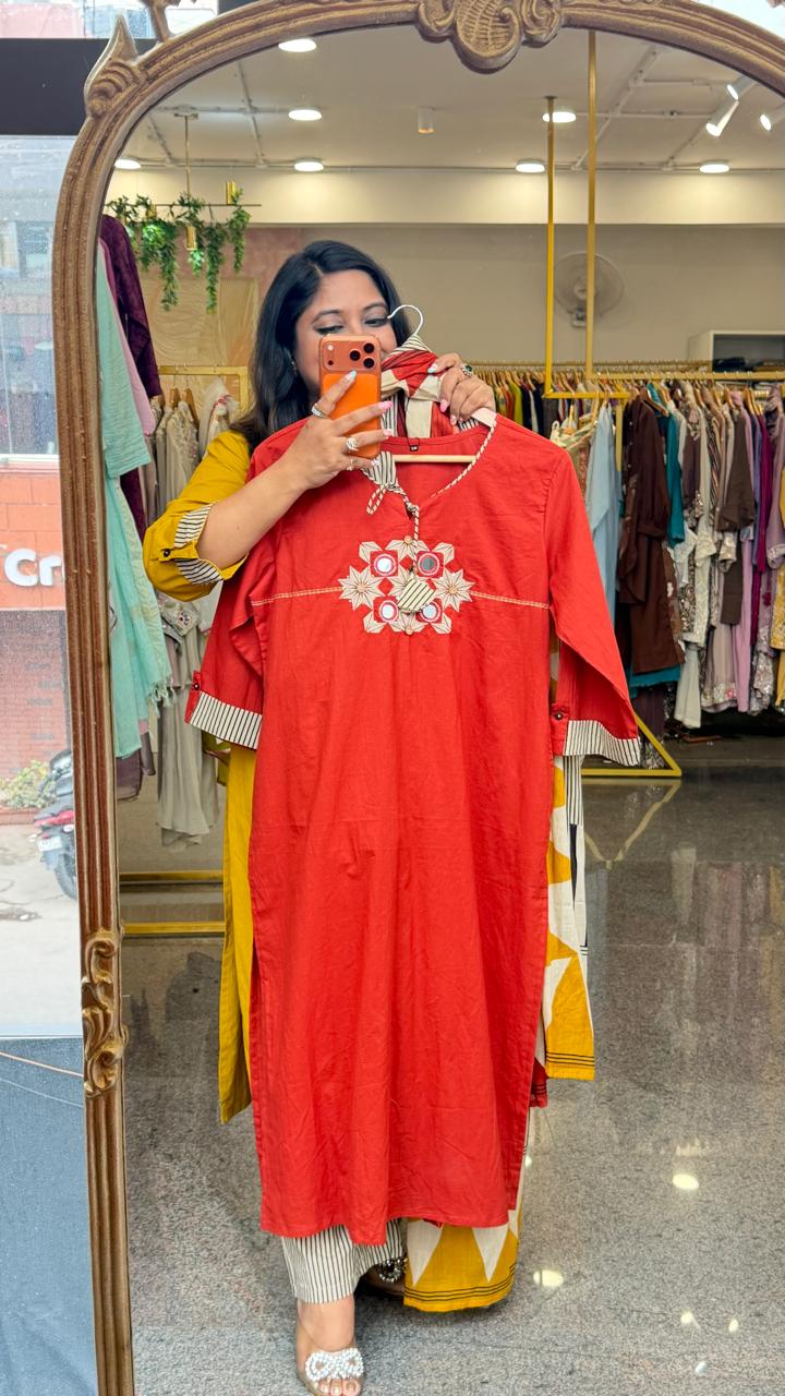 Pure cotton applique real mirror suit set in orange